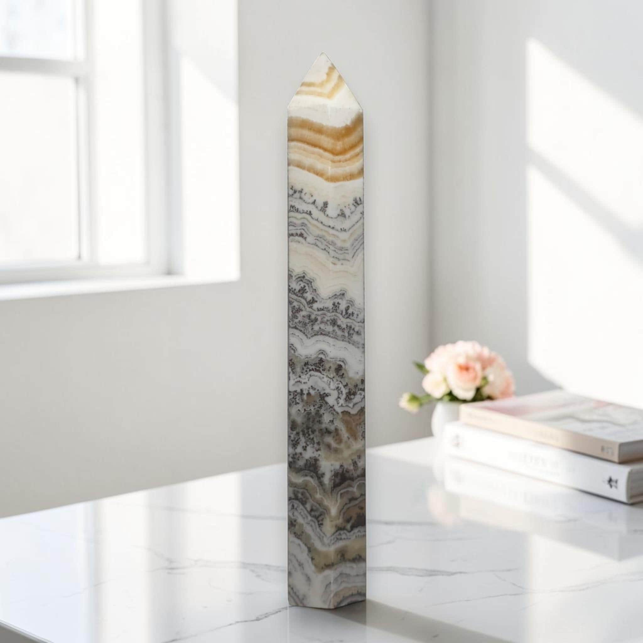 Large Banded Calcite Crystal Tower, Polished Obelisk, Natural Stone Decor