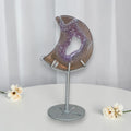 Lavender drusy agate crescent moon decor with cutout, on metal stand