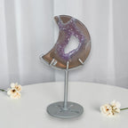 Lavender drusy agate crescent moon decor with cutout, on metal stand