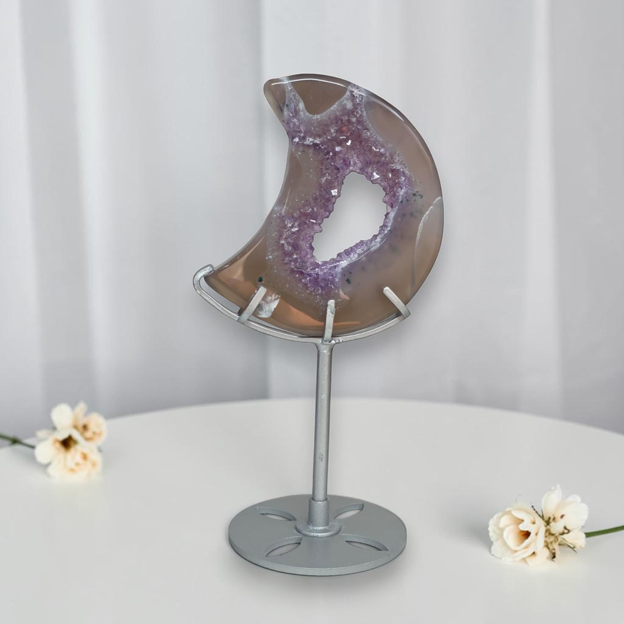Lavender Druzy Agate Moon, Crystal Moon Decor, Purple Geode Crescent