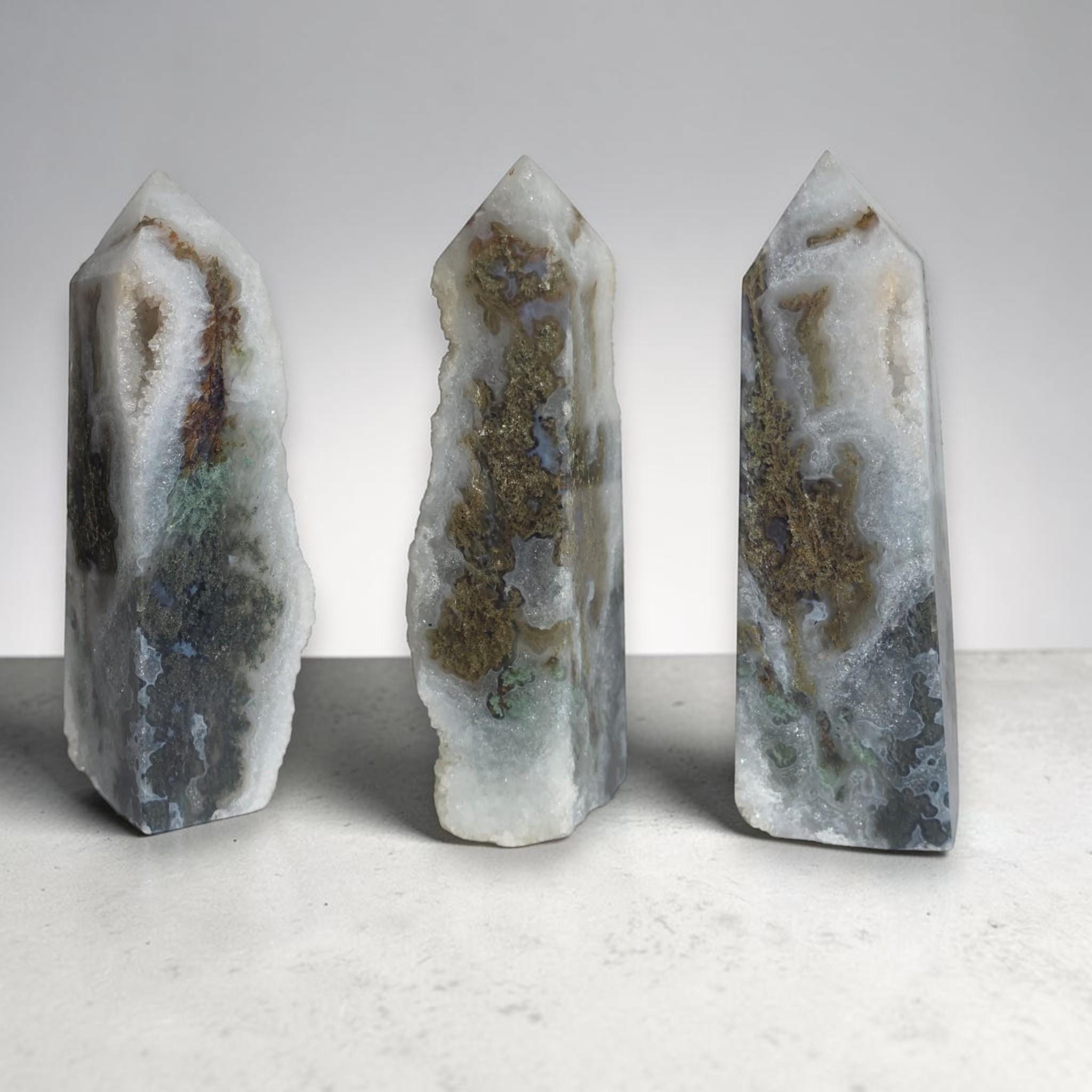 Moss Agate Druzy Tower Crystal Point Geode Obelisk Healing Crystal Decor