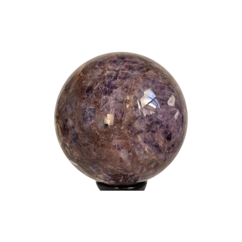 Amethyst quartz crystal sphere on black stand, mottled purple with crystal sparkle