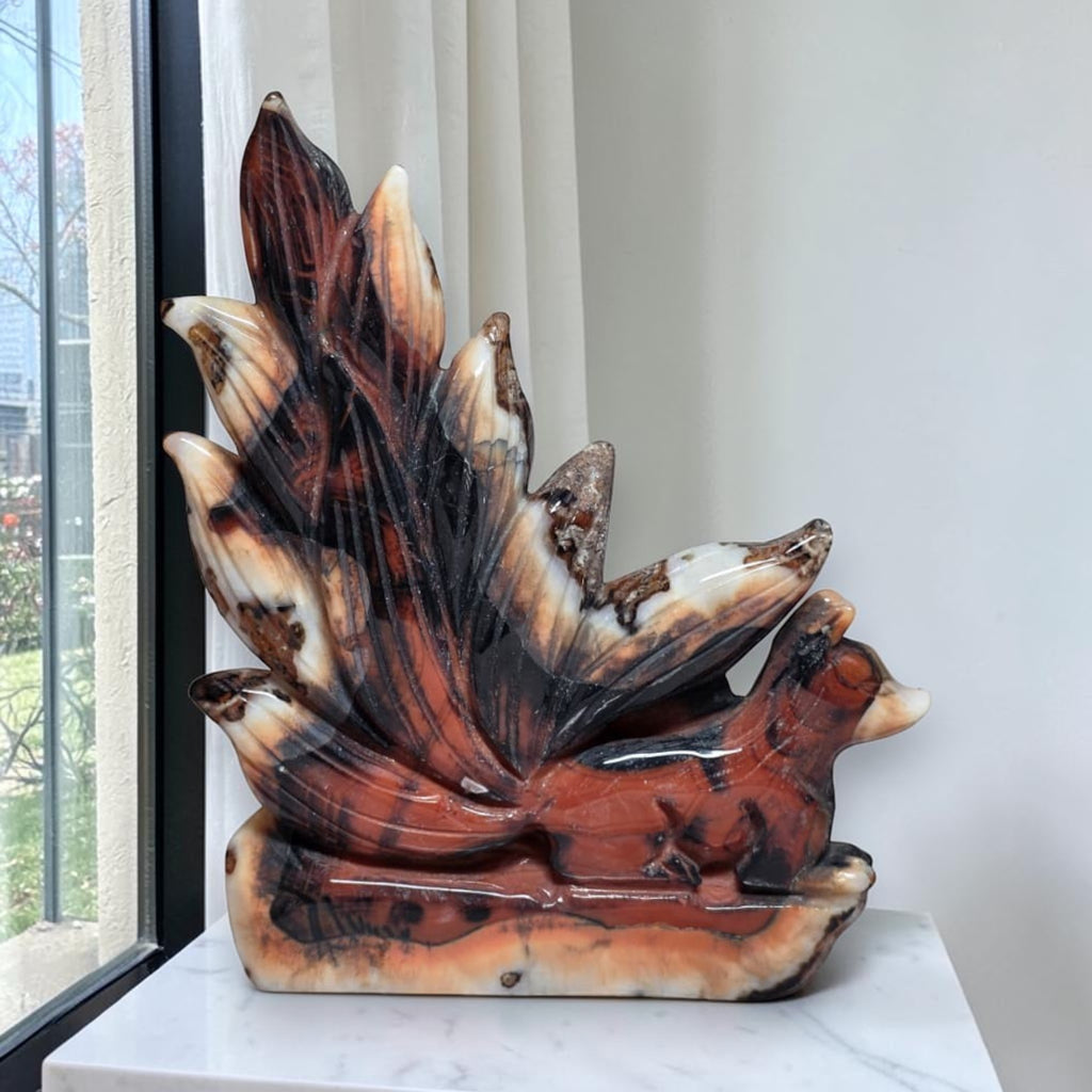 Banded Agate Nine Tails Fox Kitsune XL displayed on marble table as home decor
