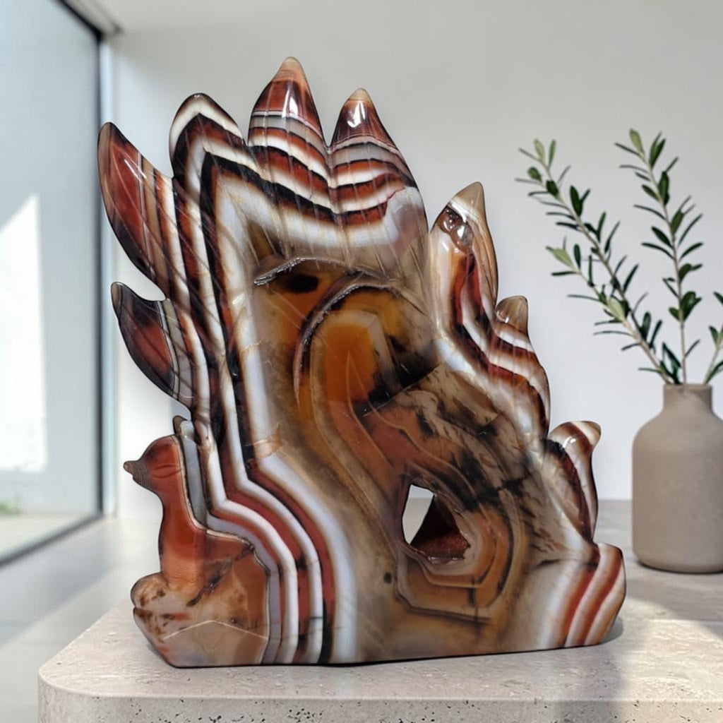 Banded Agate Nine Tails Fox Kitsune freeform side view showing natural opening