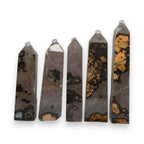 Amethyst drusy crystal tower set, smoky gray stone with golden mineral veining