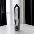 Angled view of black agate quartz crystal tower highlighting the contrast between the glossy black exterior and the sparkling white quartz interior