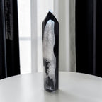 Angled view of black agate quartz crystal tower highlighting the contrast between the glossy black exterior and the sparkling white quartz interior