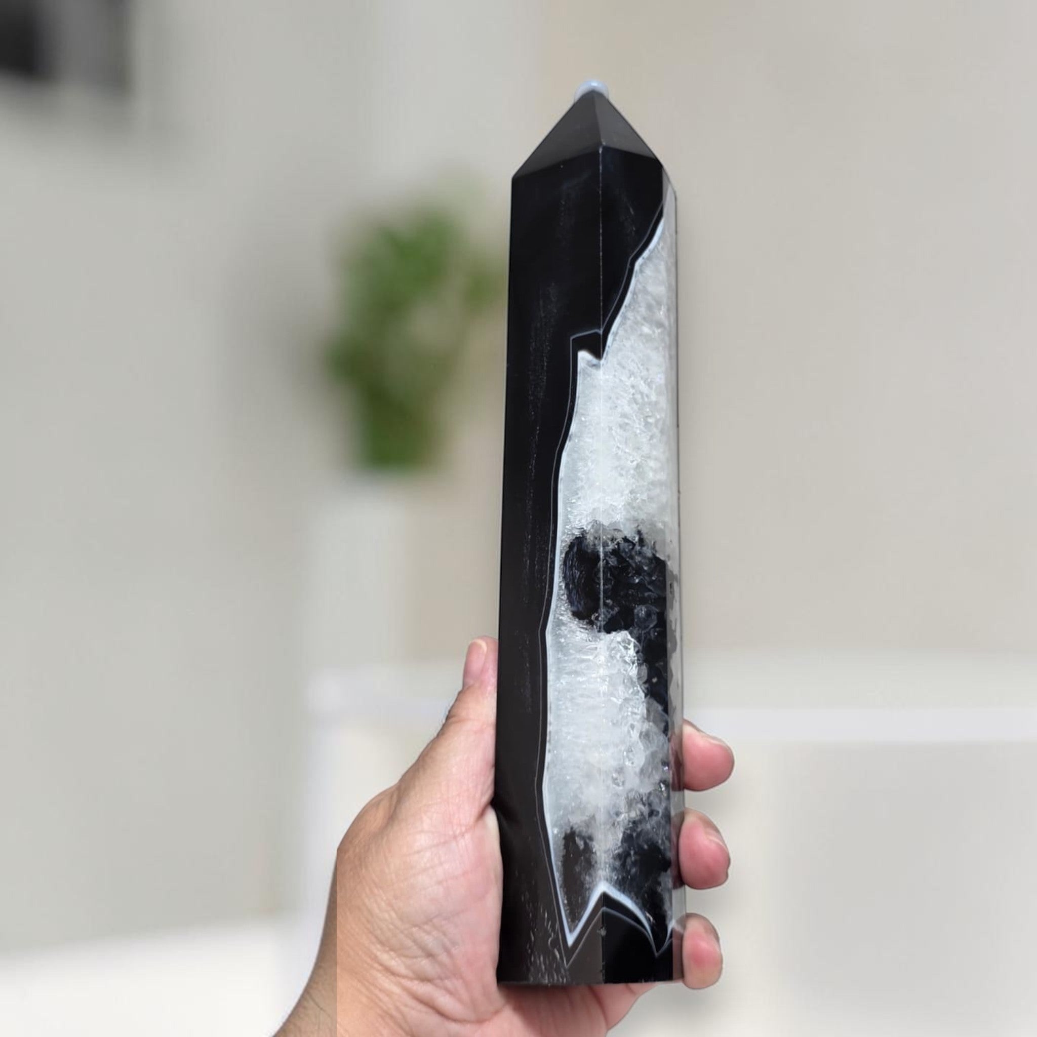 Hand holding a large black agate quartz tower to show scale, with sparkling druzy quartz cavity visible across the full length of the stone