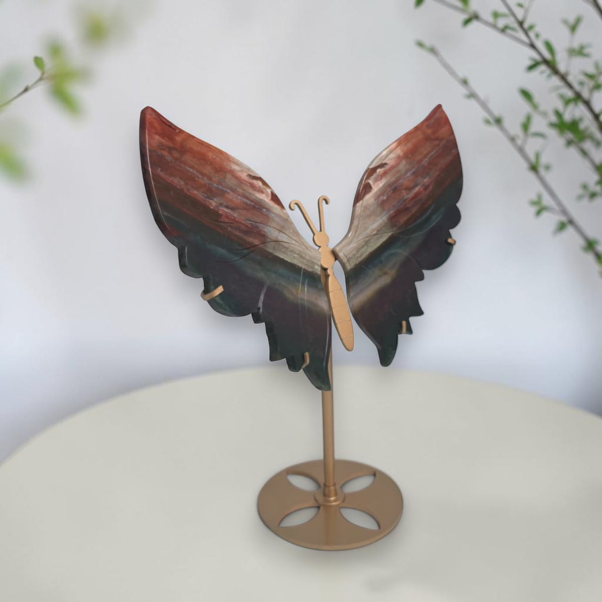 Angled view of the agate butterfly and display stand