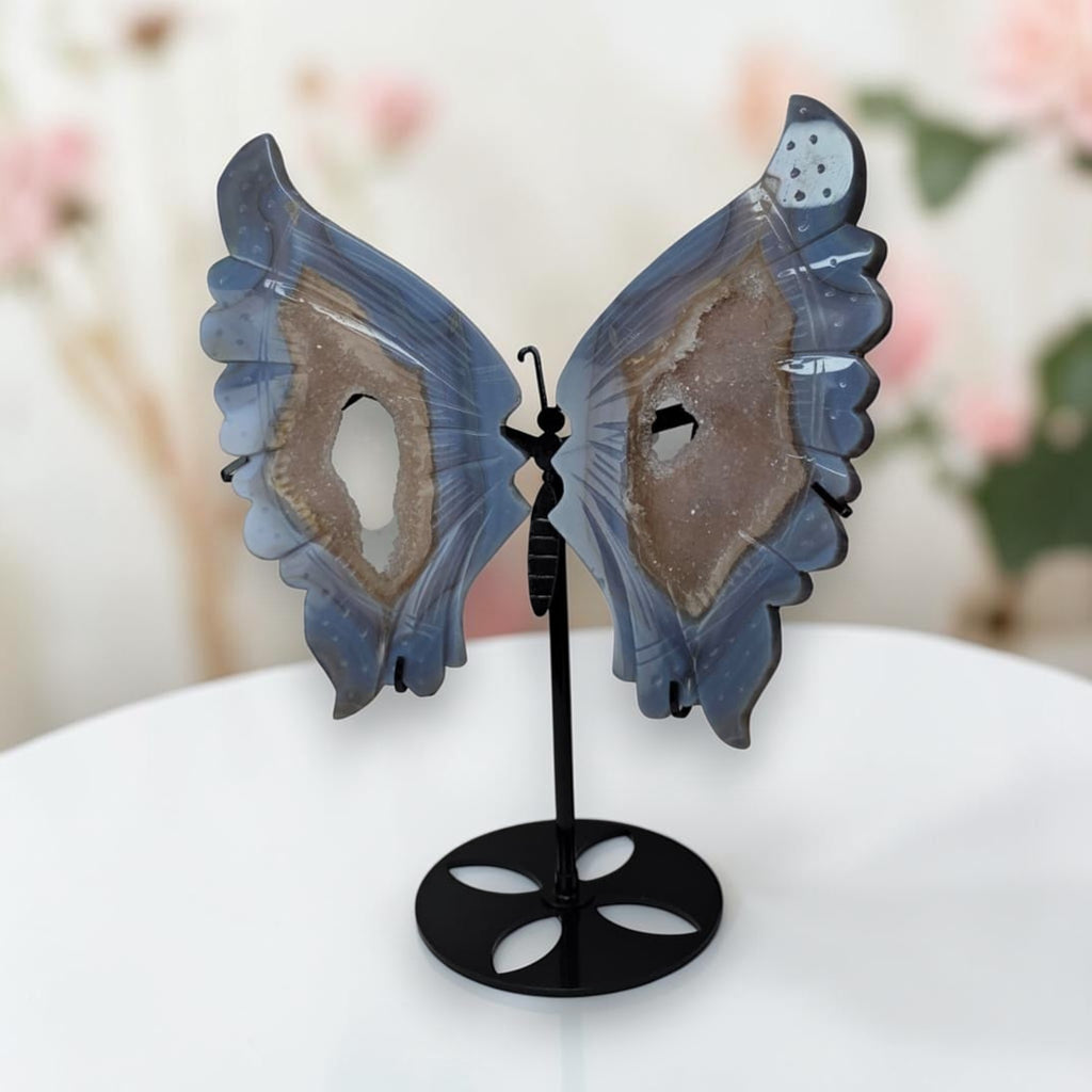 Large blue agate butterfly drusy wings crystal sculpture with black stand