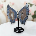 Large blue agate butterfly drusy wings crystal sculpture with black stand