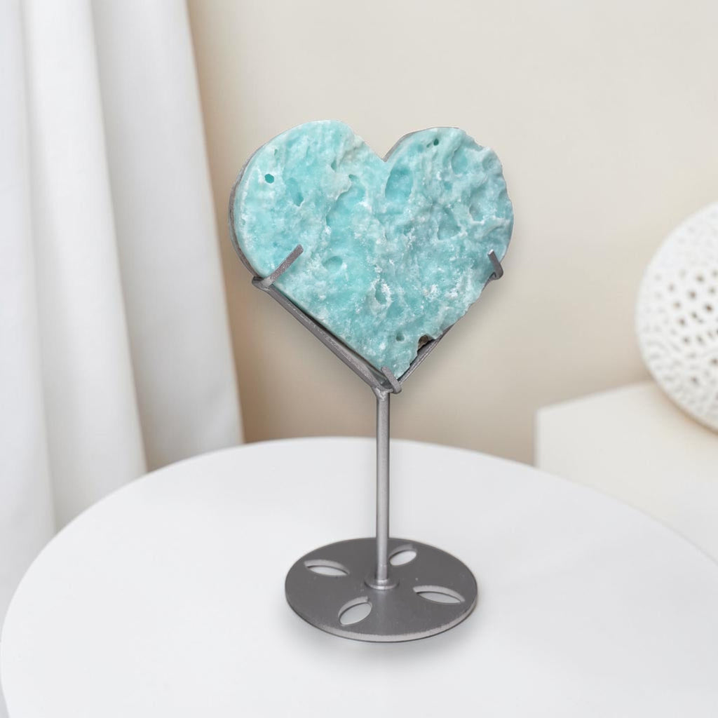 Blue druzy hemimorphite heart lifestyle display