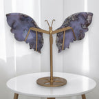 Blue agate butterfly sculpture with gold-tone stand, wide wings and round base