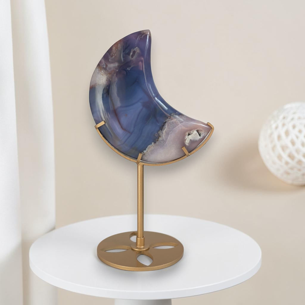 Blue Flower Agate Moon on Gold Stand