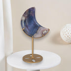 Blue Flower Agate Moon on Gold Stand