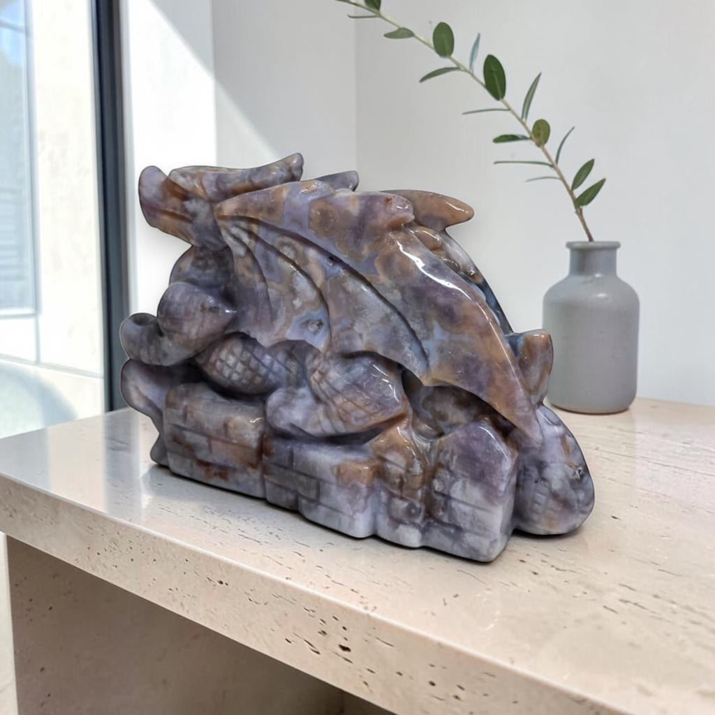 Blue Flower Agate Dragon Carving | One of a Kind Crystal Sculpture