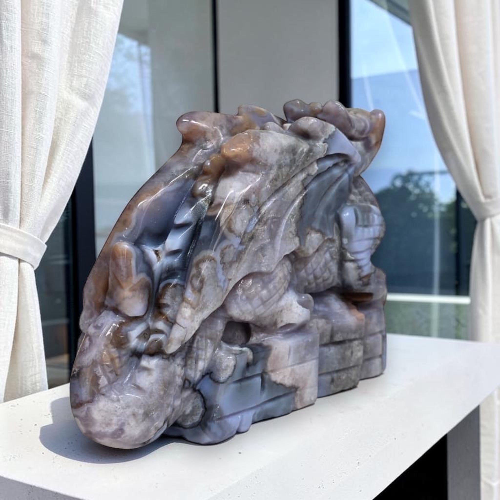 Blue Flower Agate Dragon Carving | One of a Kind Crystal Sculpture