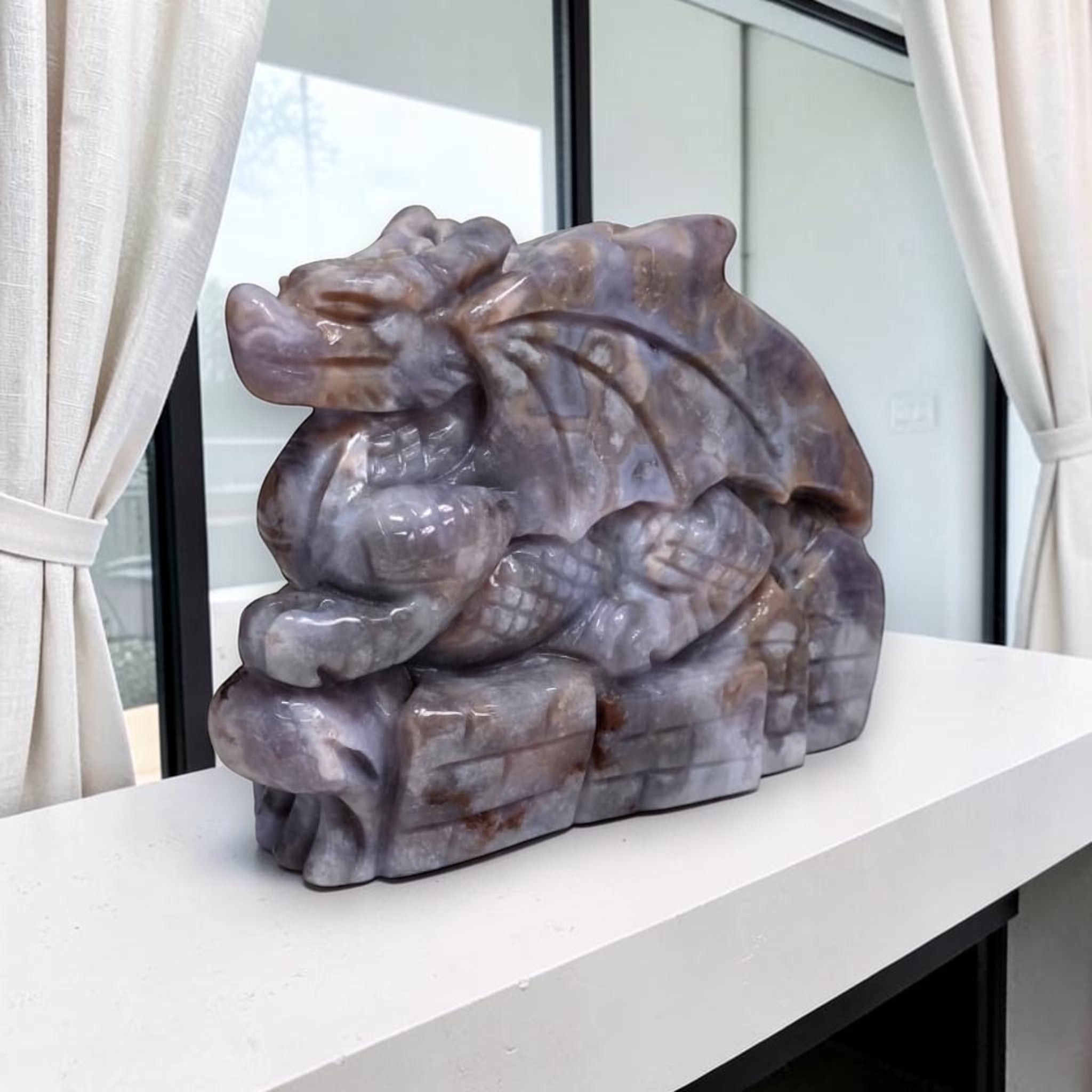 Blue Flower Agate Dragon Carving | One of a Kind Crystal Sculpture