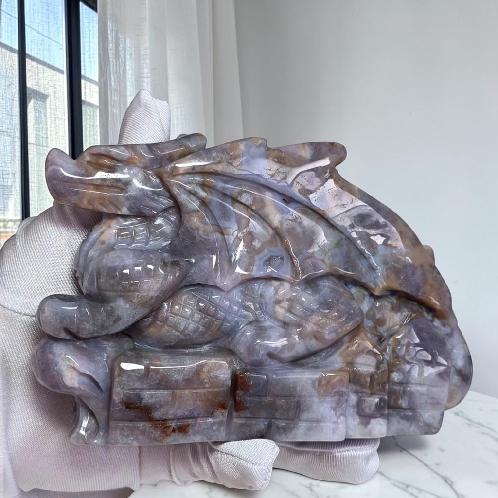 Blue Flower Agate Dragon Carving | One of a Kind Crystal Sculpture