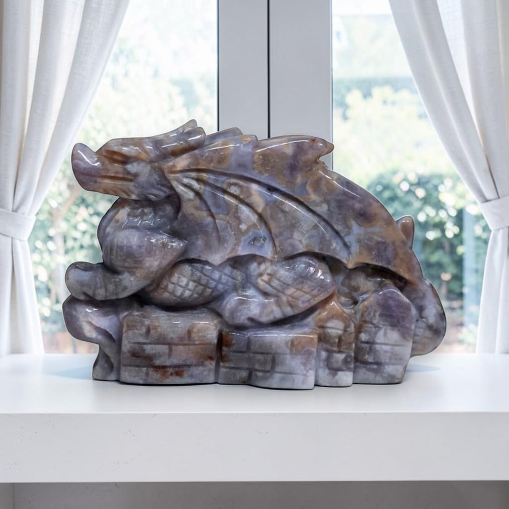 Blue Flower Agate Dragon Carving | One of a Kind Crystal Sculpture