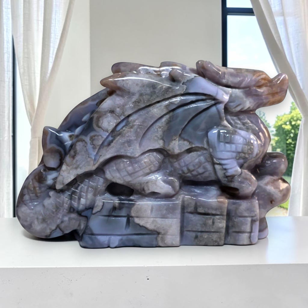 Blue Flower Agate Dragon Carving | One of a Kind Crystal Sculpture