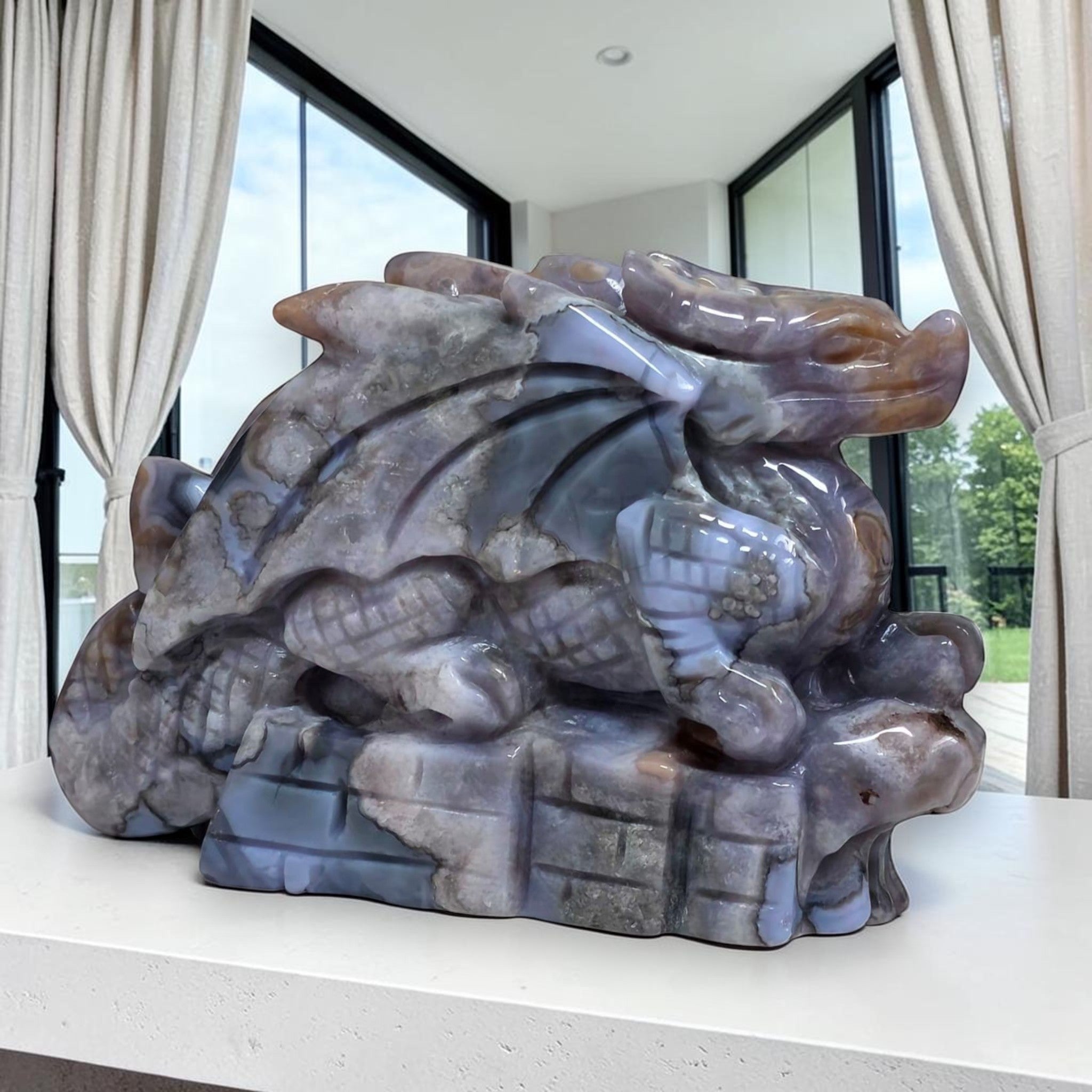 Blue Flower Agate Dragon Carving | One of a Kind Crystal Sculpture