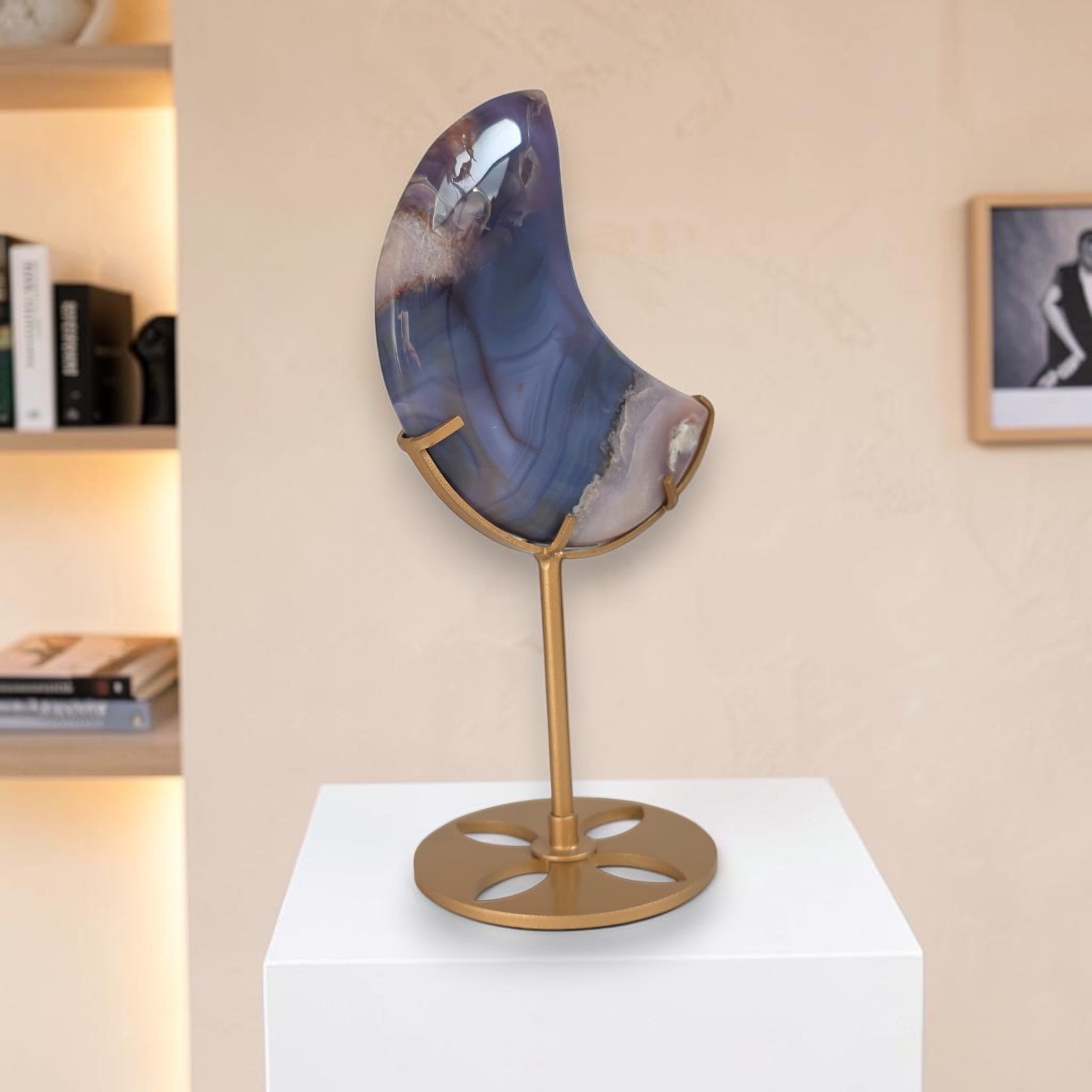 Blue Flower Agate Moon on Gold Stand