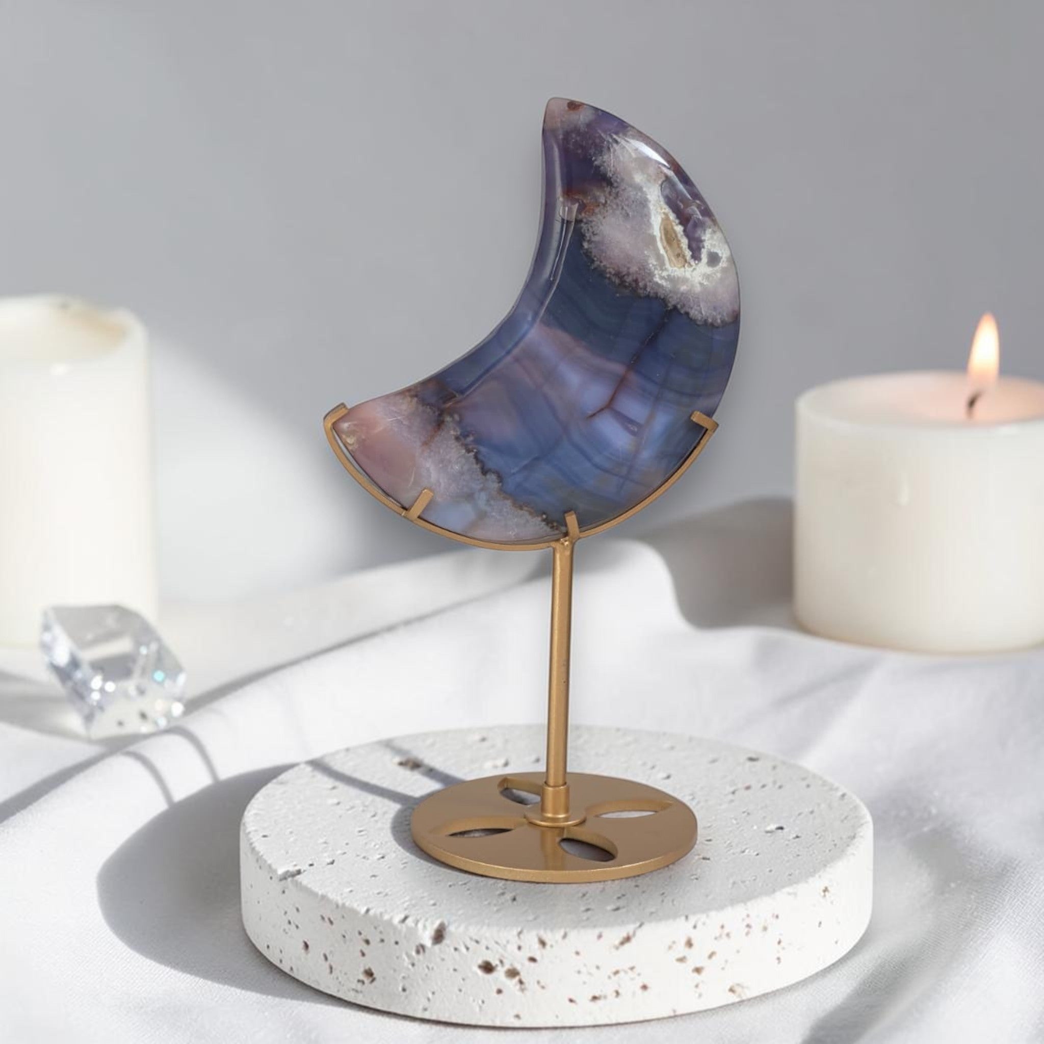 Blue Flower Agate Moon on Gold Stand