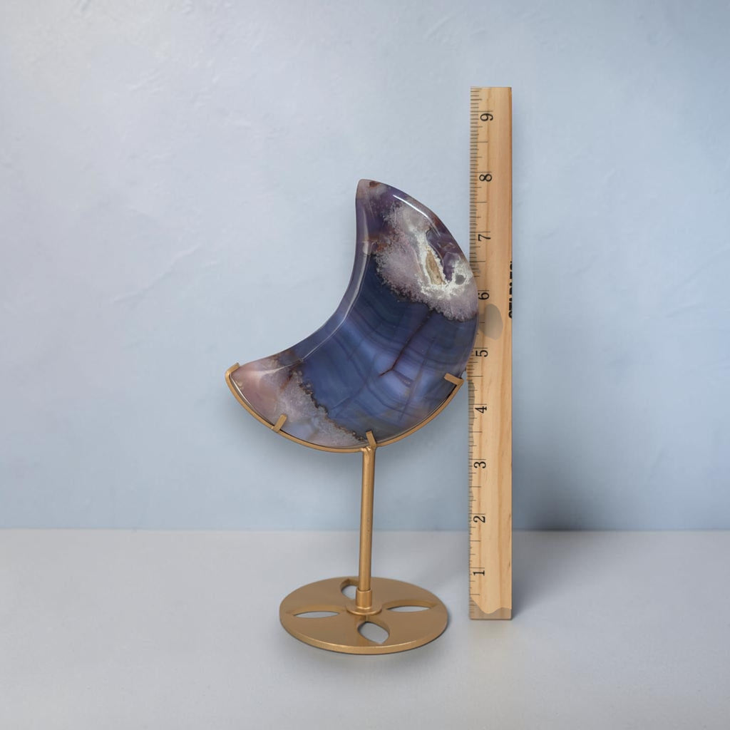 Blue Flower Agate Moon on Gold Stand