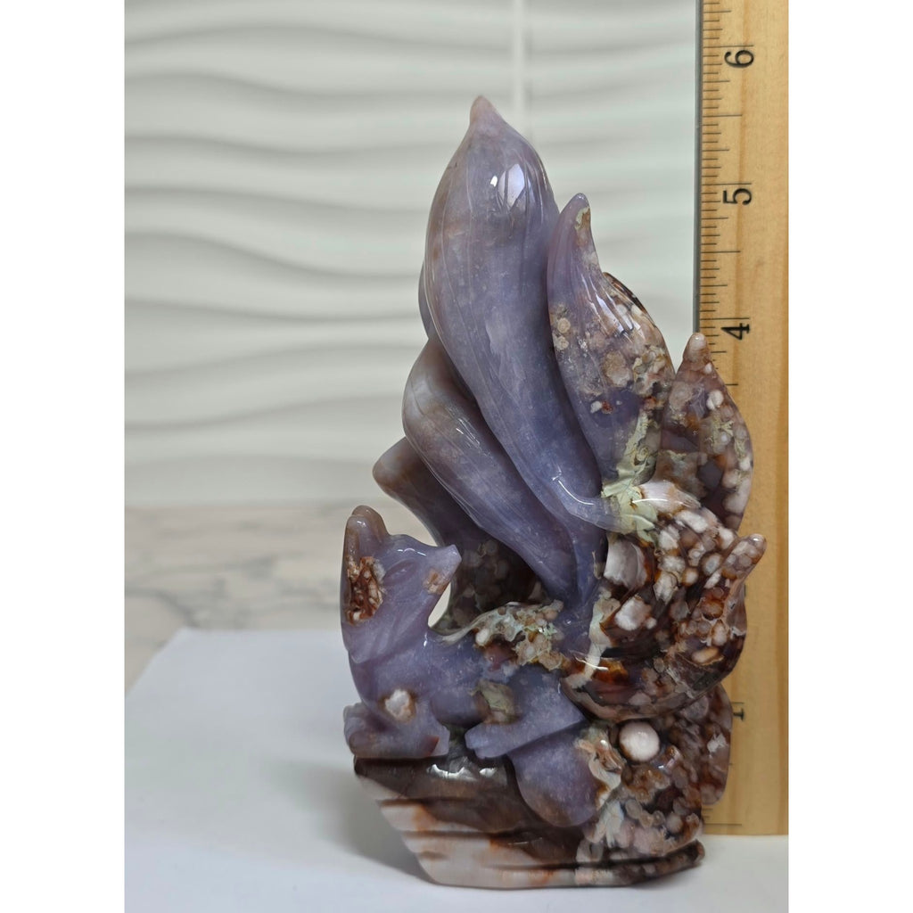 Blue Flower Agate nine tailed fox beside ruler showing 6 inch height