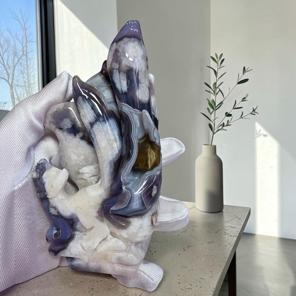 Blue Flower Agate Nine Tails Fox freeform - back left view