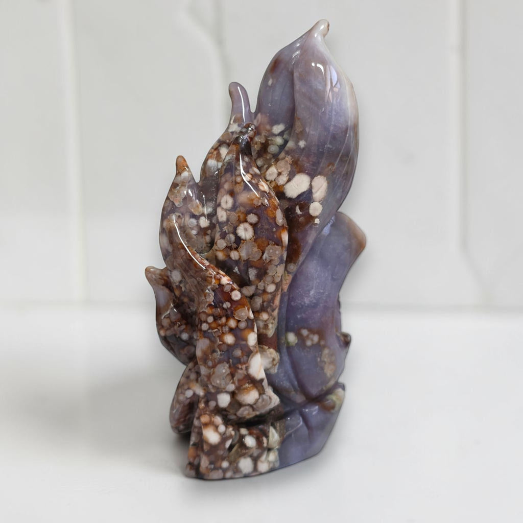 Back view of Blue Flower Agate nine tailed fox carving