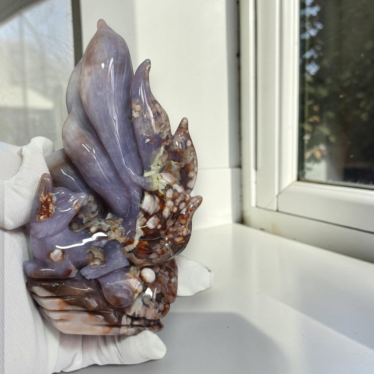 Blue Flower Agate nine tailed fox carving with lavender blue tails and floral patterns