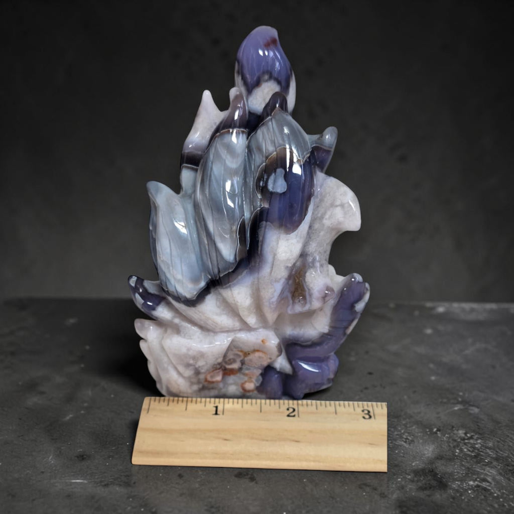 Blue Flower Agate Nine Tails Fox freeform - size reference with ruler