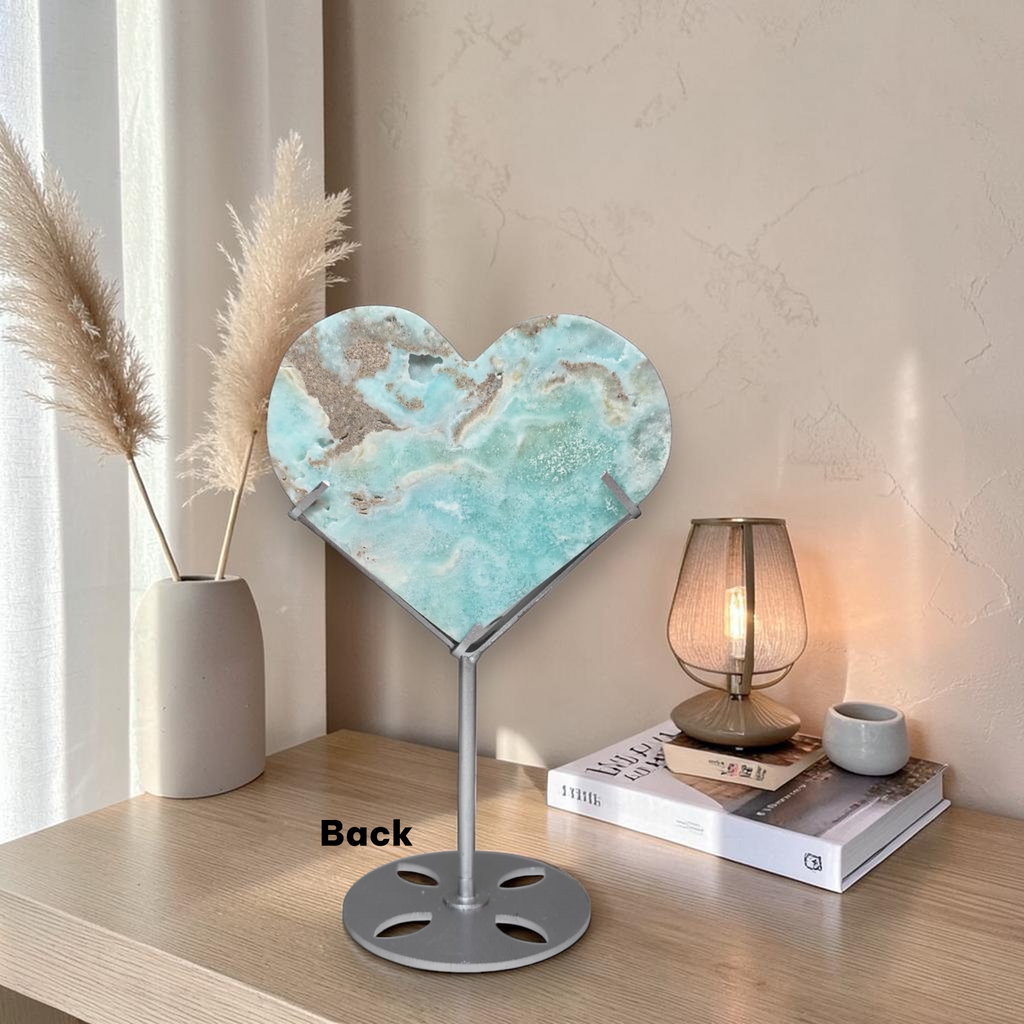 Blue hemimorphite heart back display stand lifestyle