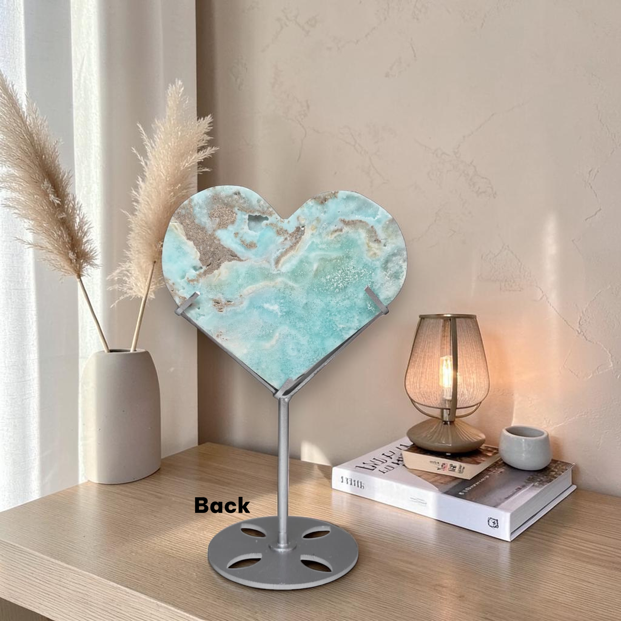 Blue hemimorphite heart back display stand lifestyle