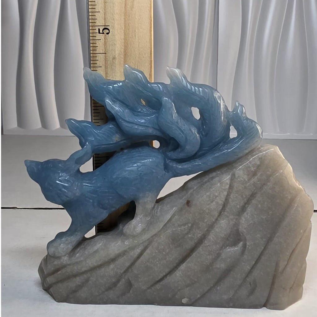 Blue trolleite nine tailed fox crystal carving size height reference