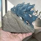 Blue trolleite nine tailed fox crystal carving lifestyle display with natural light
