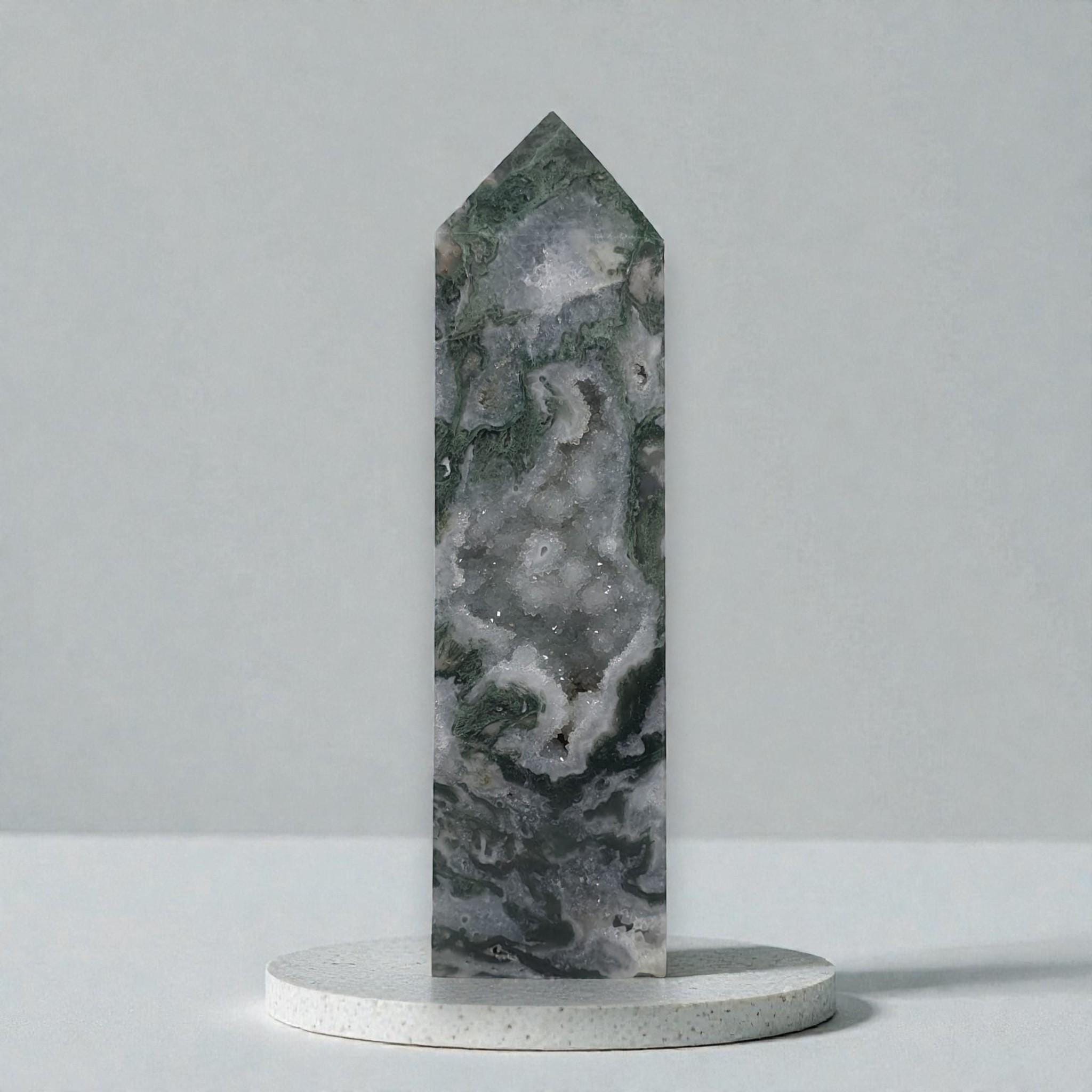 Natural Green Moss Agate Crystal Tower Point Druzy Obelisk Healing Stone Home Decor Gift
