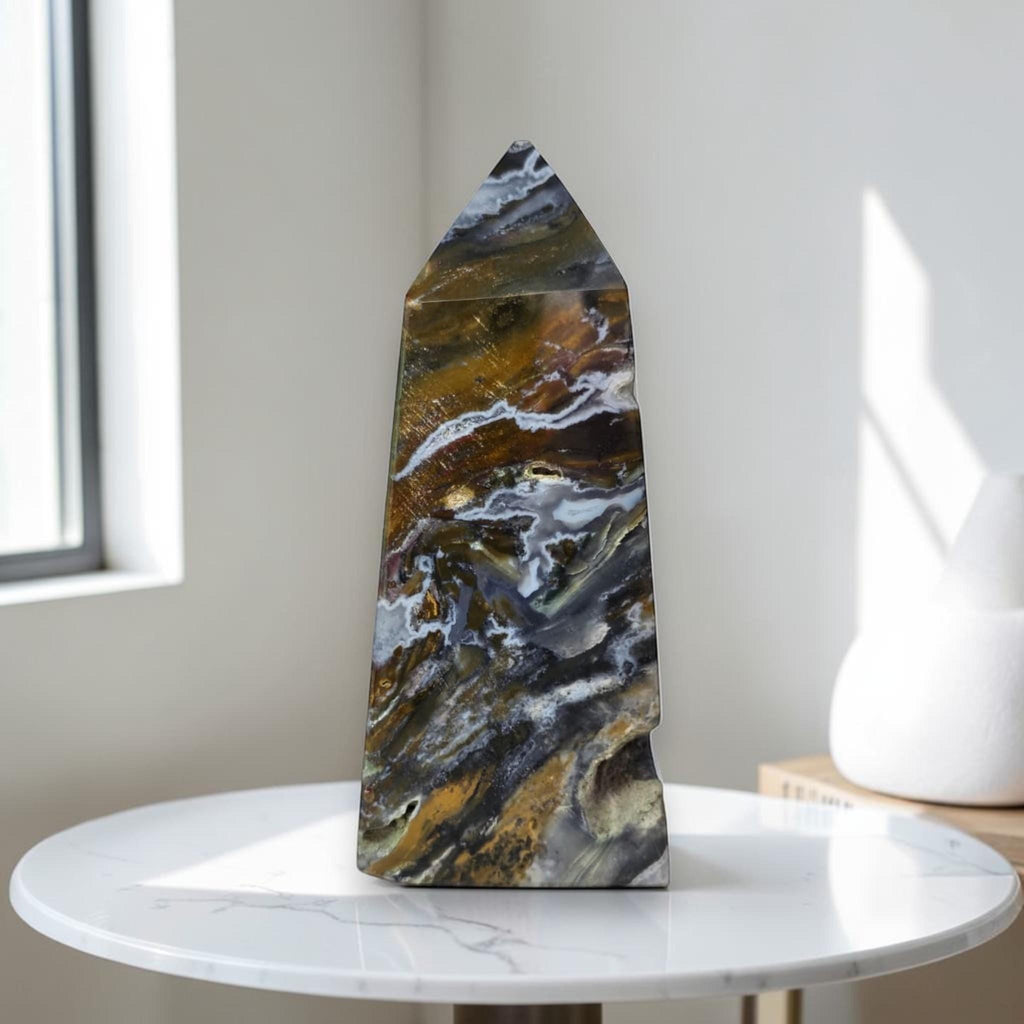 Polished ocean jasper obelisk with white veining, dark blue-gray and gold bands