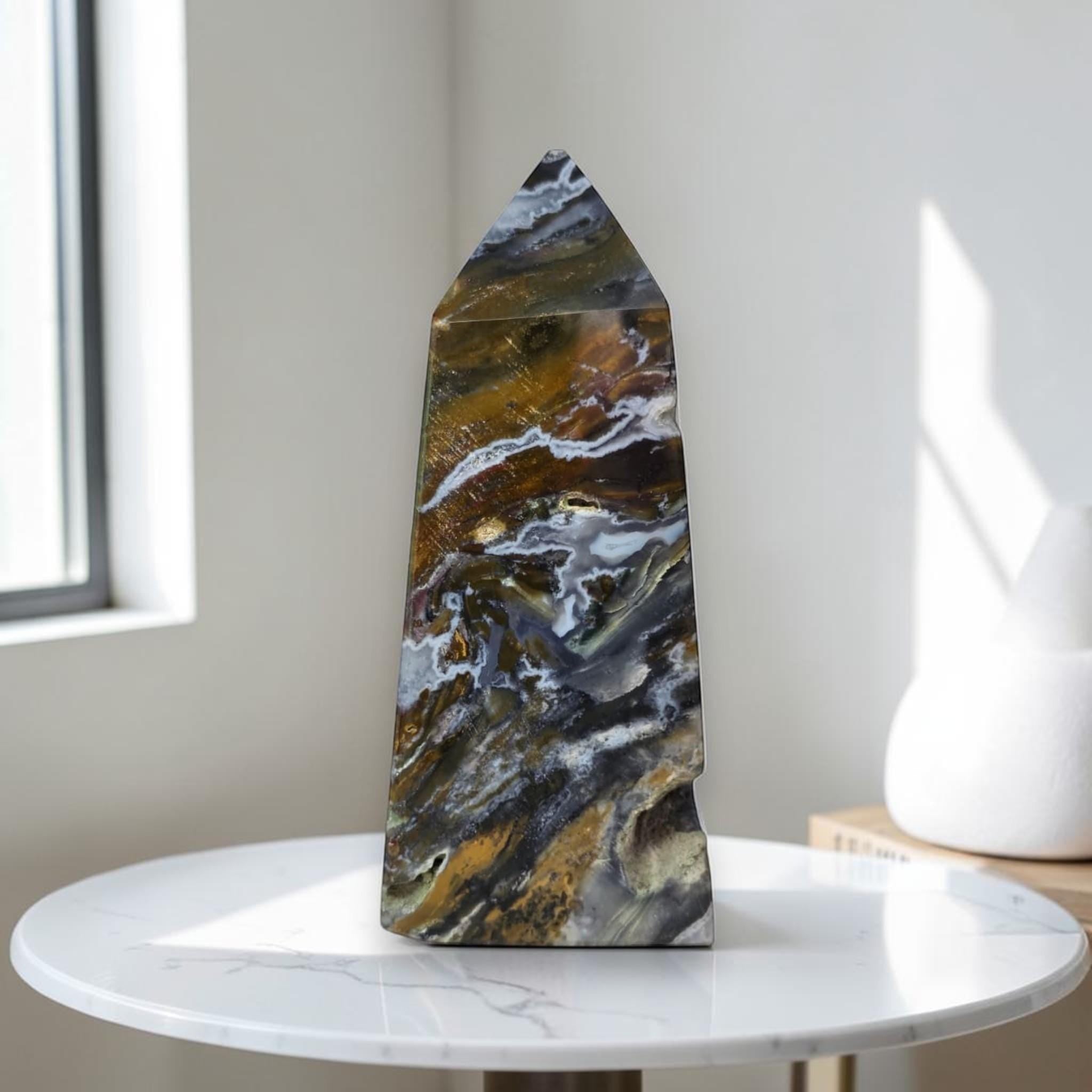 Ocean Jasper Tower, Natural Crystal Obelisks, Polished Stone Home Decor Gift