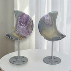 Pair of crescent moon purple druzy agate geodes on silver stands with round bases