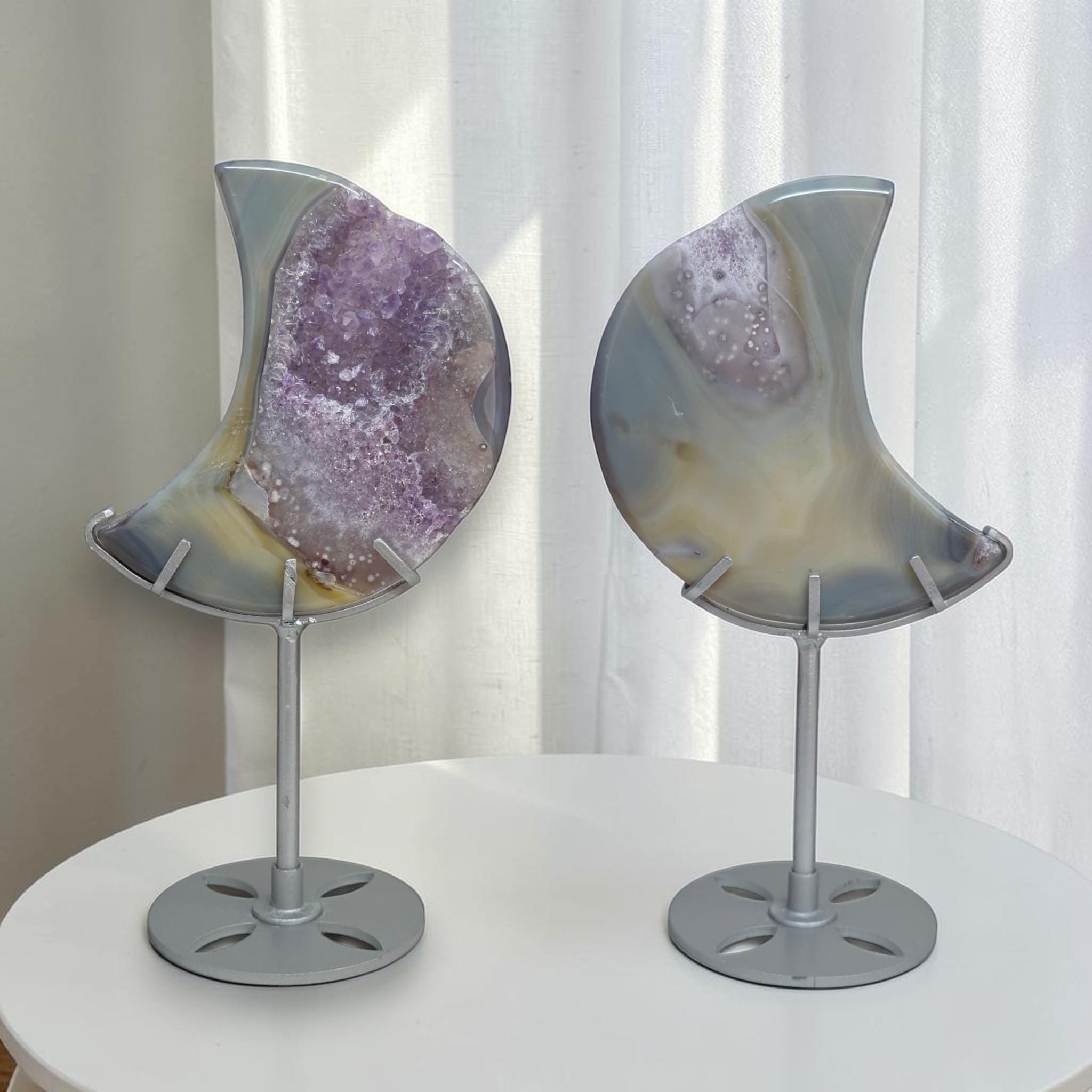 Purple Druzy Agate Crescent Moon Geode on Stand