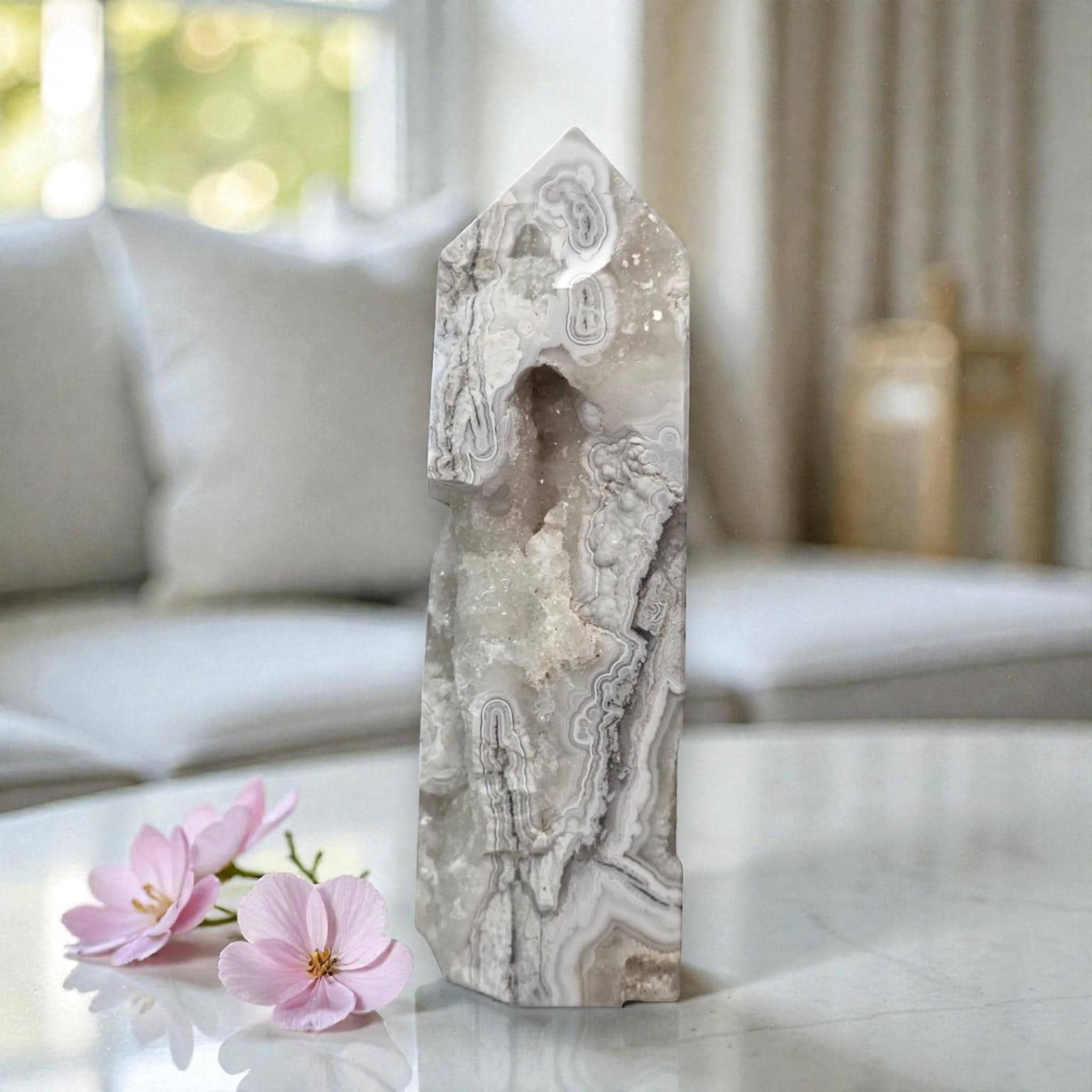 White Lace Tower, Sparkling Druzy Point, Luxury Healing Stone Decor Gift