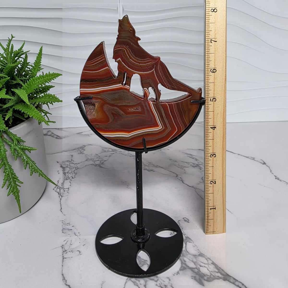 Carnelian Agate Howling Wolf Crescent Moon Carving with Stand