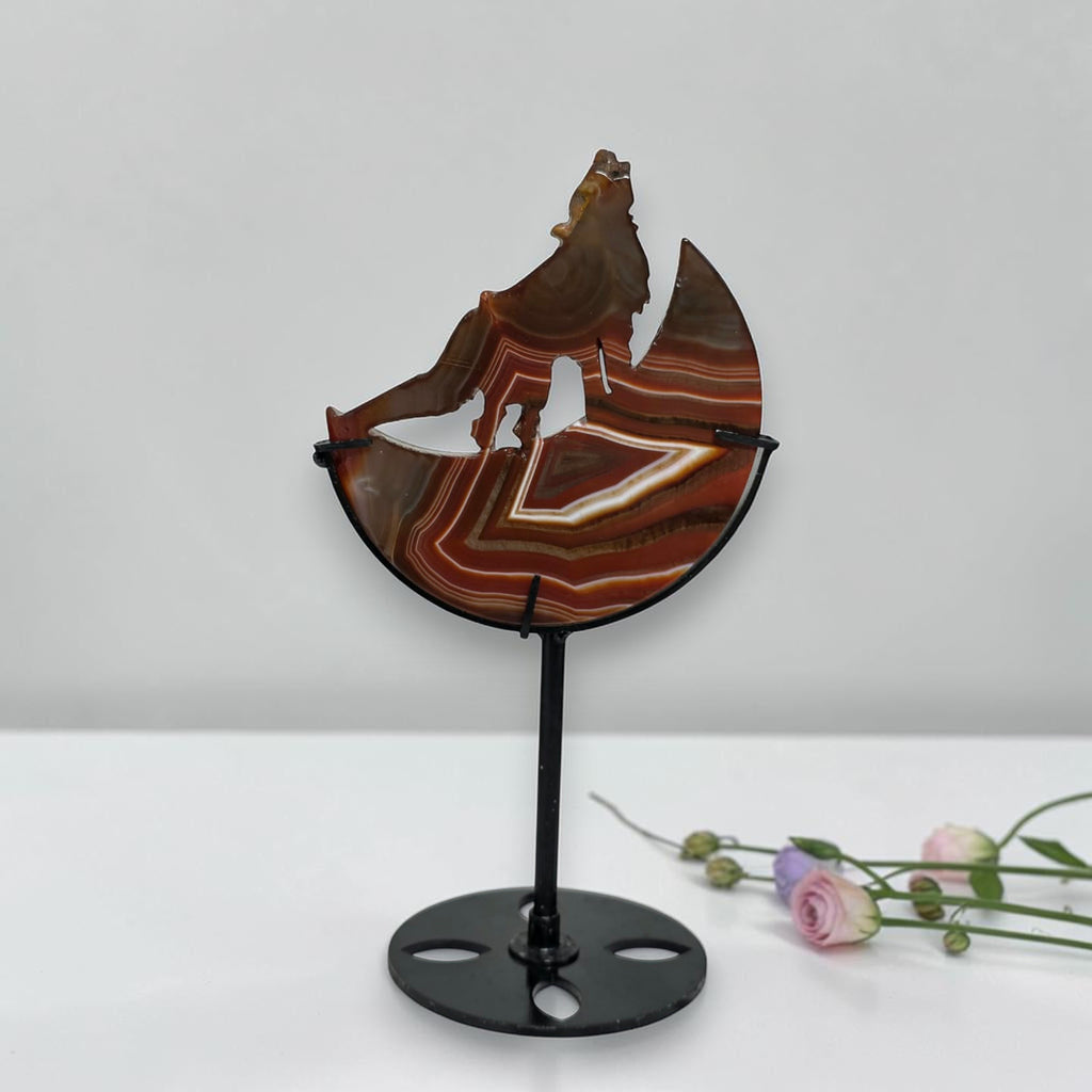 Carnelian Agate Howling Wolf Crescent Moon Carving with Stand