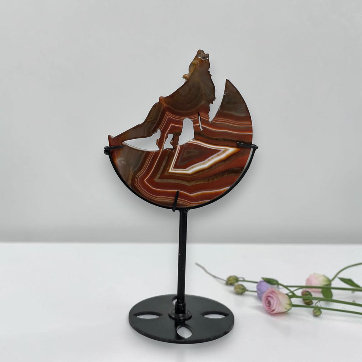 Carnelian Agate Howling Wolf Crescent Moon Carving with Stand
