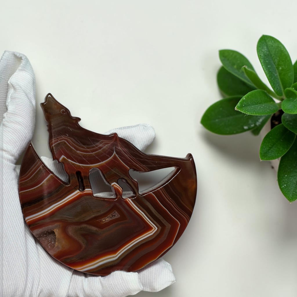 Carnelian Agate Howling Wolf Crescent Moon Carving with Stand