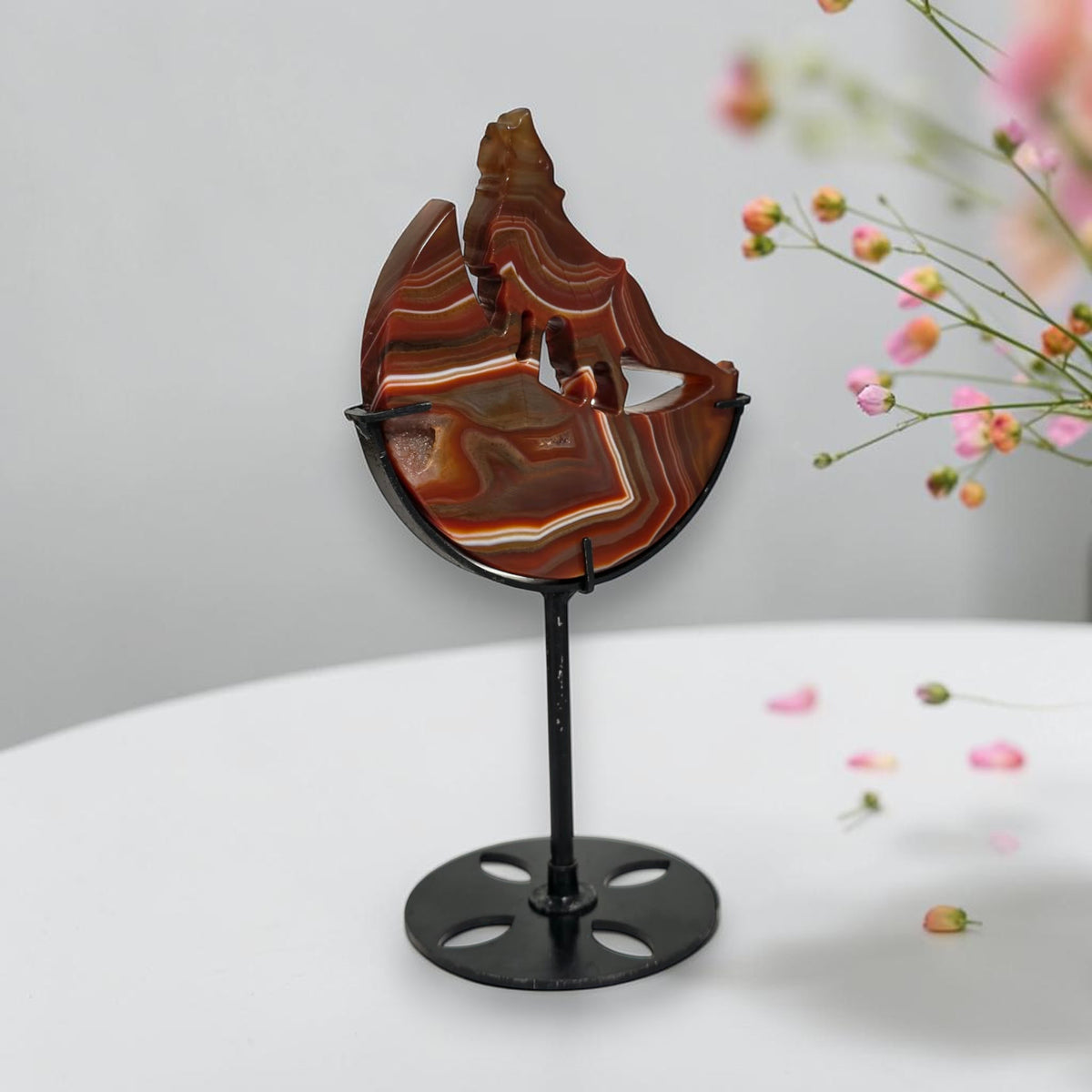 Carnelian Agate Howling Wolf Crescent Moon Carving with Stand