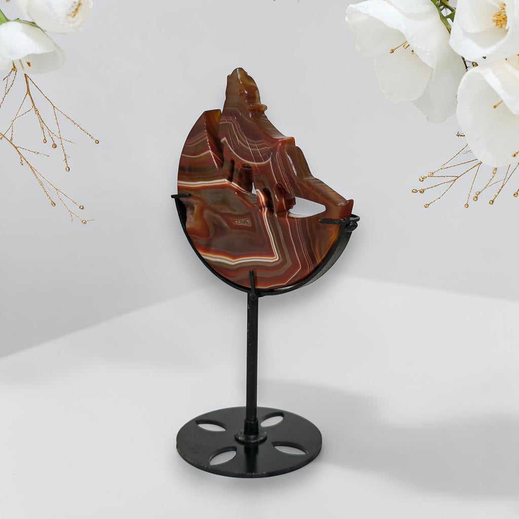 Carnelian Agate Howling Wolf Crescent Moon Carving with Stand